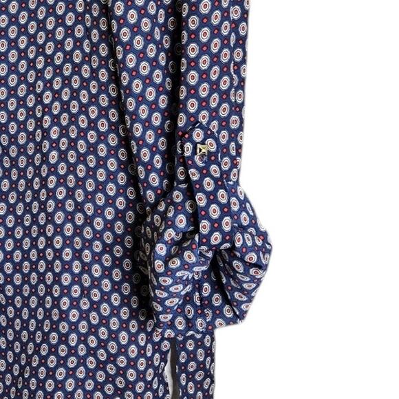 Zac & Rachel Womens Blouse Small Navy Geometric Print V Neck Roll Tab Sleeve Top - Picture 8 of 11